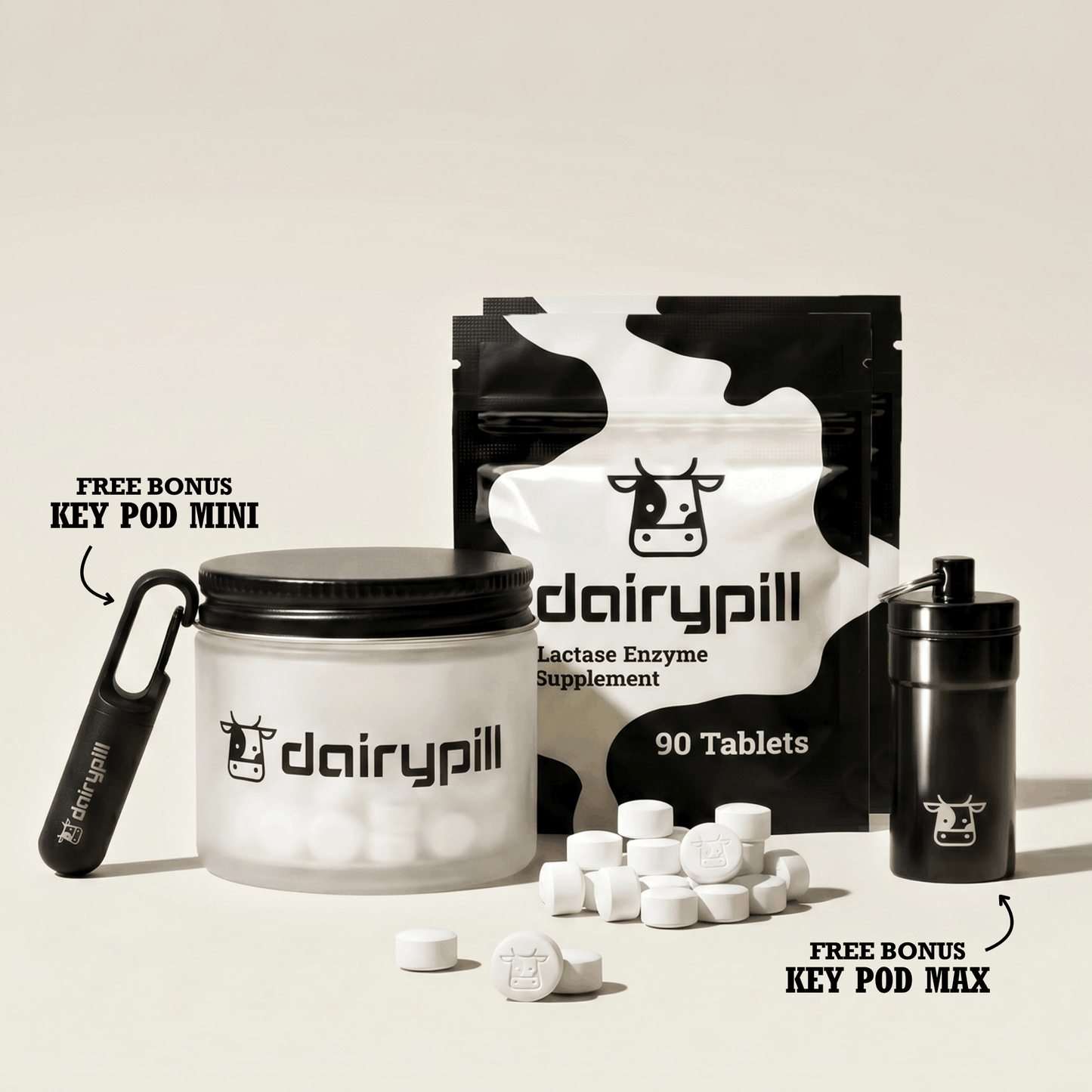 DairyPill 180 count Starter Kit - includes DairyPill pouch, Key Pod Max, Key Pod Mini, Glass Jar, Pills