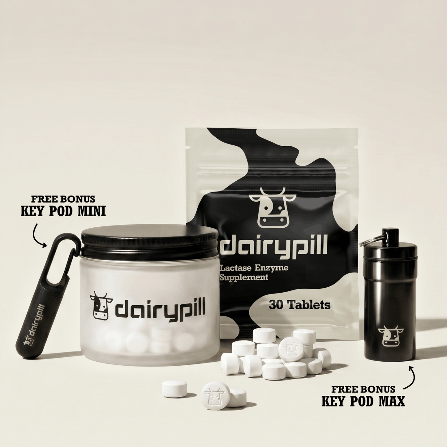DairyPill 30 count Starter Kit - includes DairyPill pouch, Key Pod Max, Key Pod Mini, Glass Jar, Pills