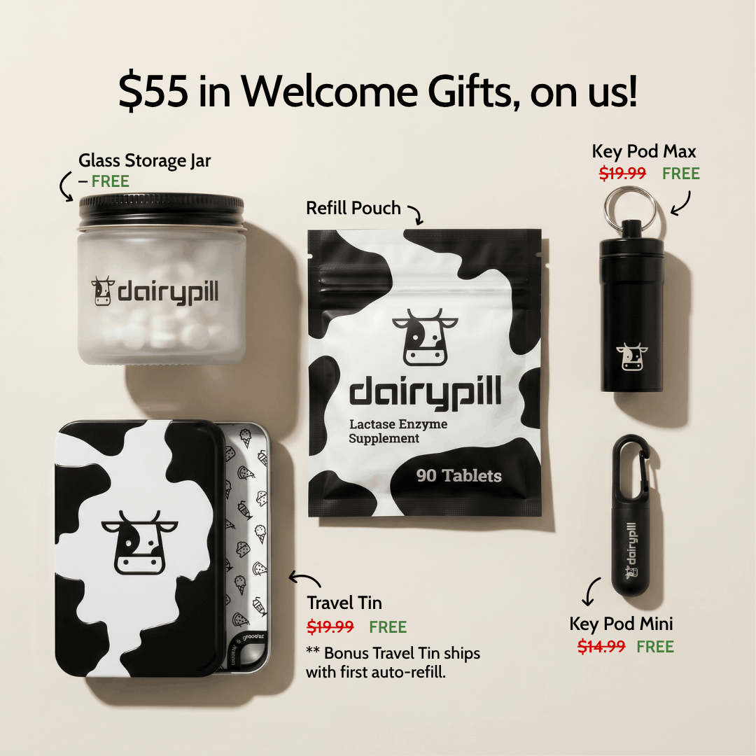 $55 in Welcome Gifts, on us! Flatlay what's included in the Starter Kit: Glass Storage Jar, Refill Pouch, Key Pod Max, Key Pod Mini, Travel Tin