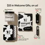 $55 in Welcome Gifts, on us! Flatlay what's included in the Starter Kit: Glass Storage Jar, Refill Pouch, Key Pod Max, Key Pod Mini, Travel Tin